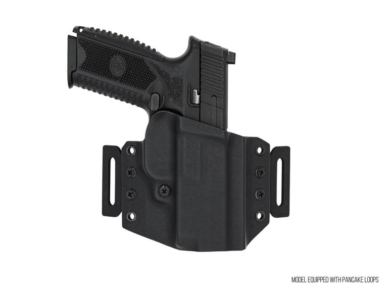 Outside view of a FN 509 Outside the waistband holster in BLACK KYDEX.
