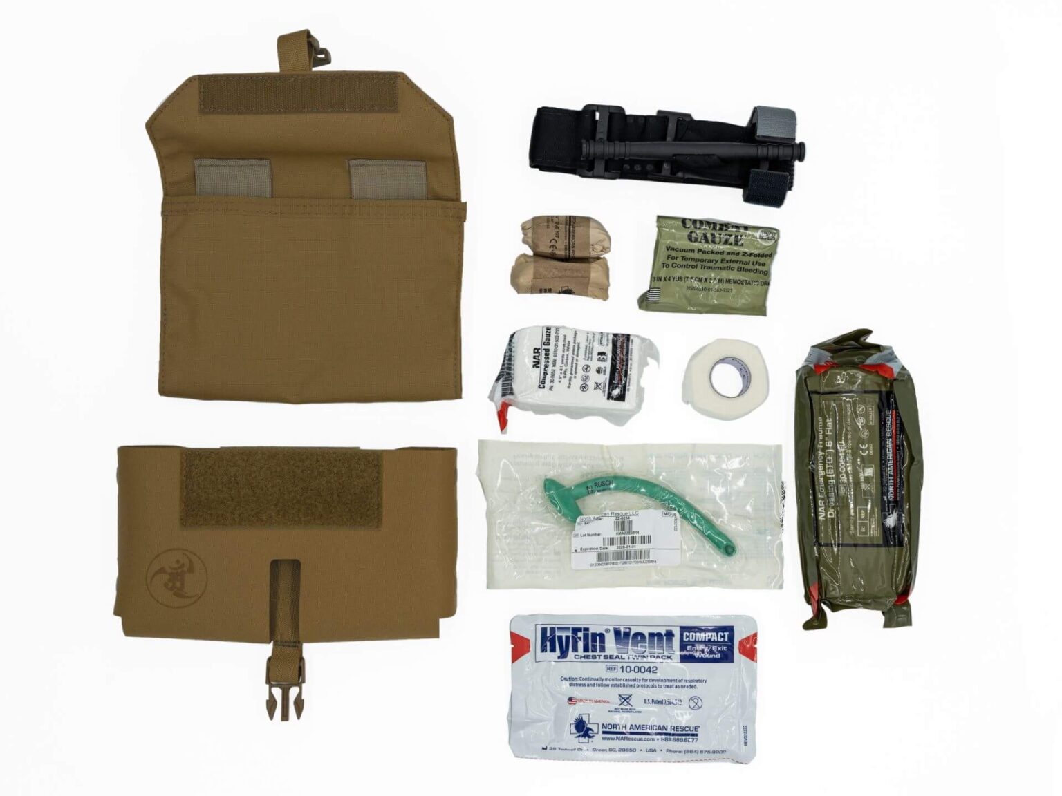 Complete first aid kit for tactical training.