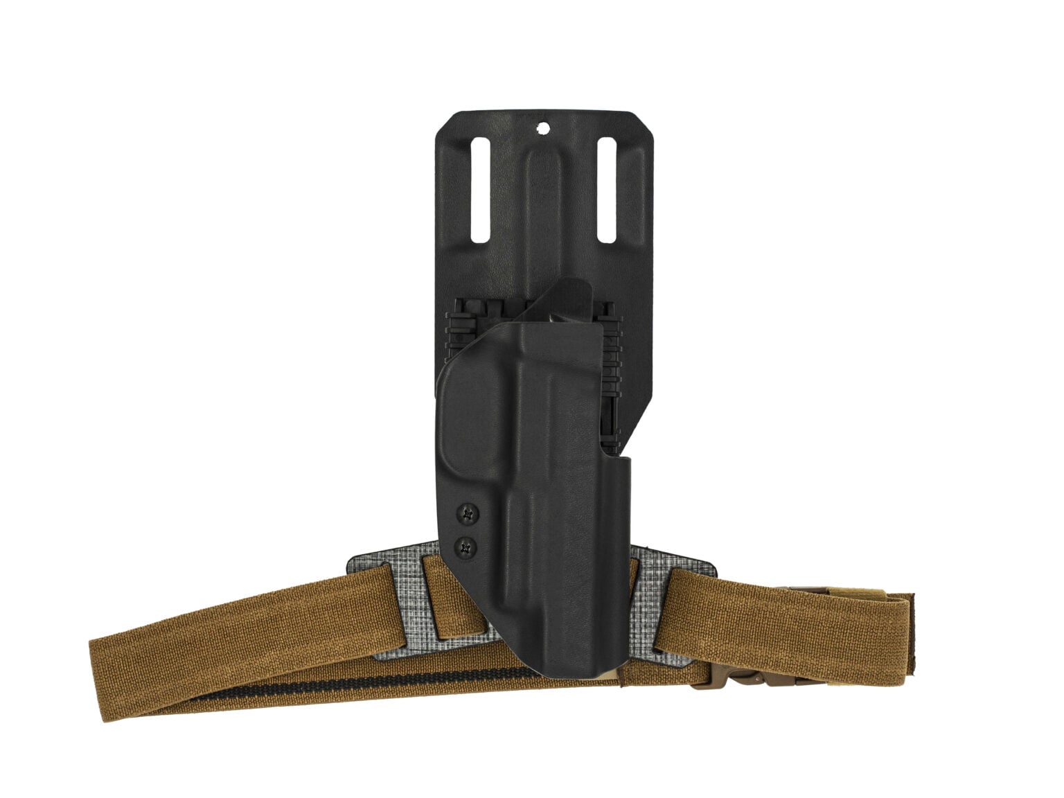 Kydex dropleg holster with thigh band management system.