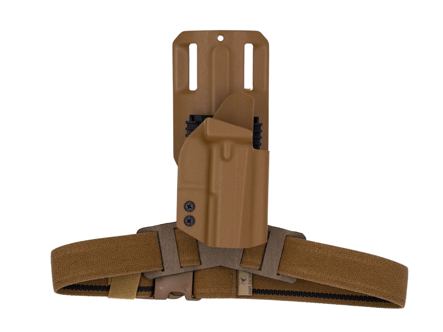 Coyote tan drogleg holster with vastus system.