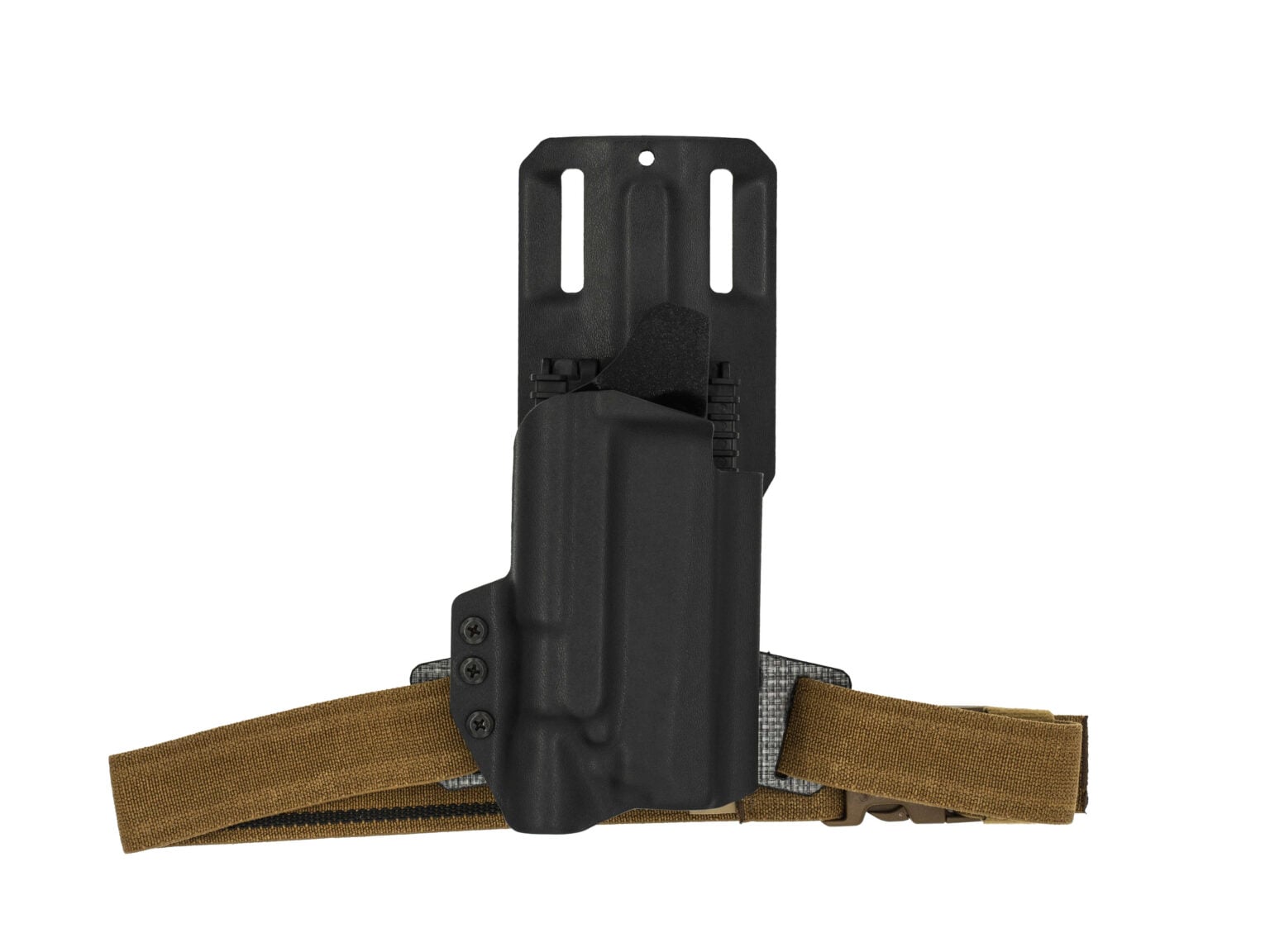Drogleg kydex holster with thigh band.