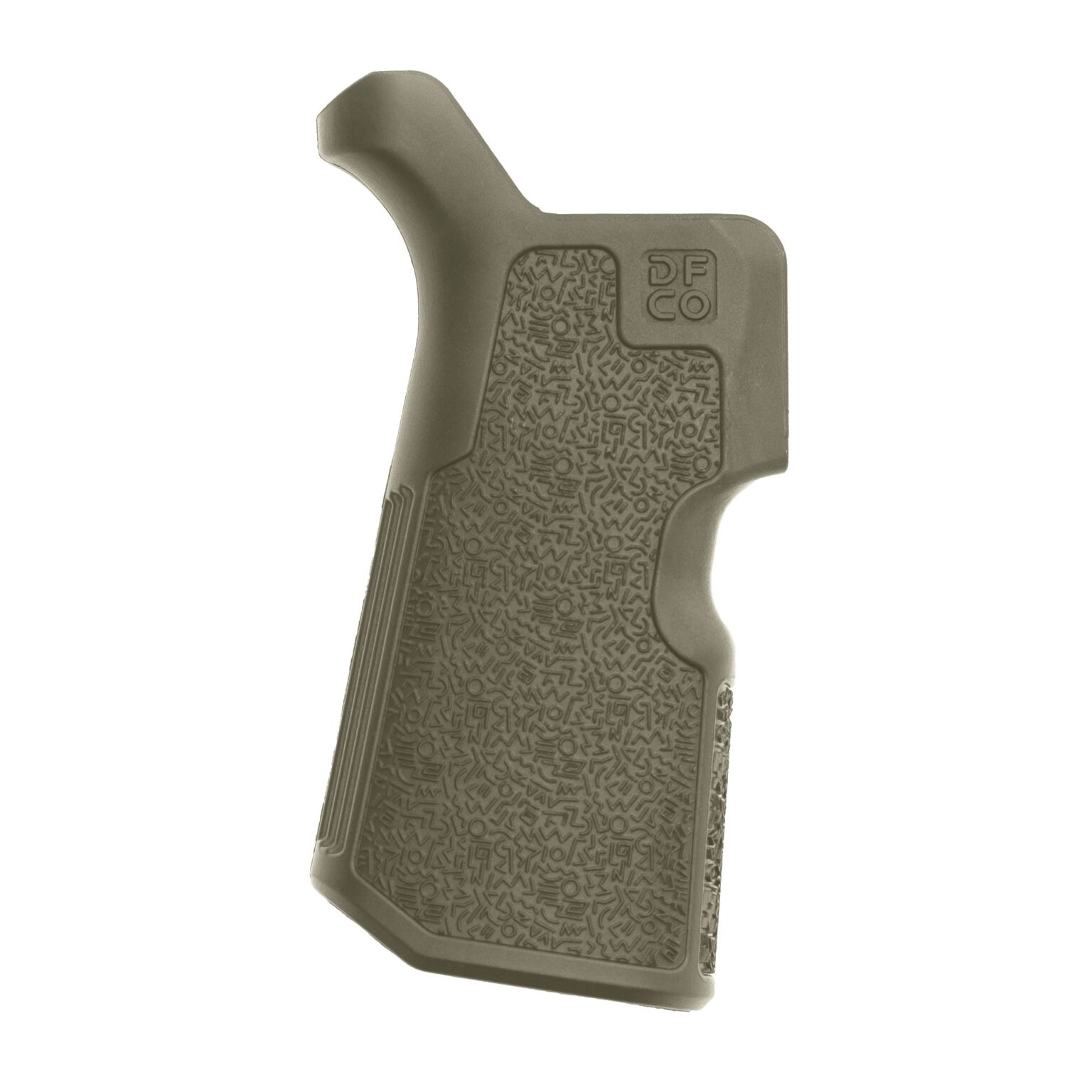 Die Free Co kung fu grip in olive drab color. The grip has reduced angle providing a natural fighting posture when firing from modern standing and prone positions.